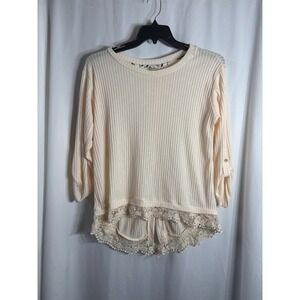 Lily Star Womens Cream Ribbed Lace‎ Trim High Low Split Back Top XL
